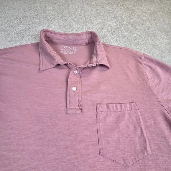 Faherty Sunwashed Organic Cotton Polo Shirt Mens XL Pink Slub Pocket Lightweight - Picture 4 of 9